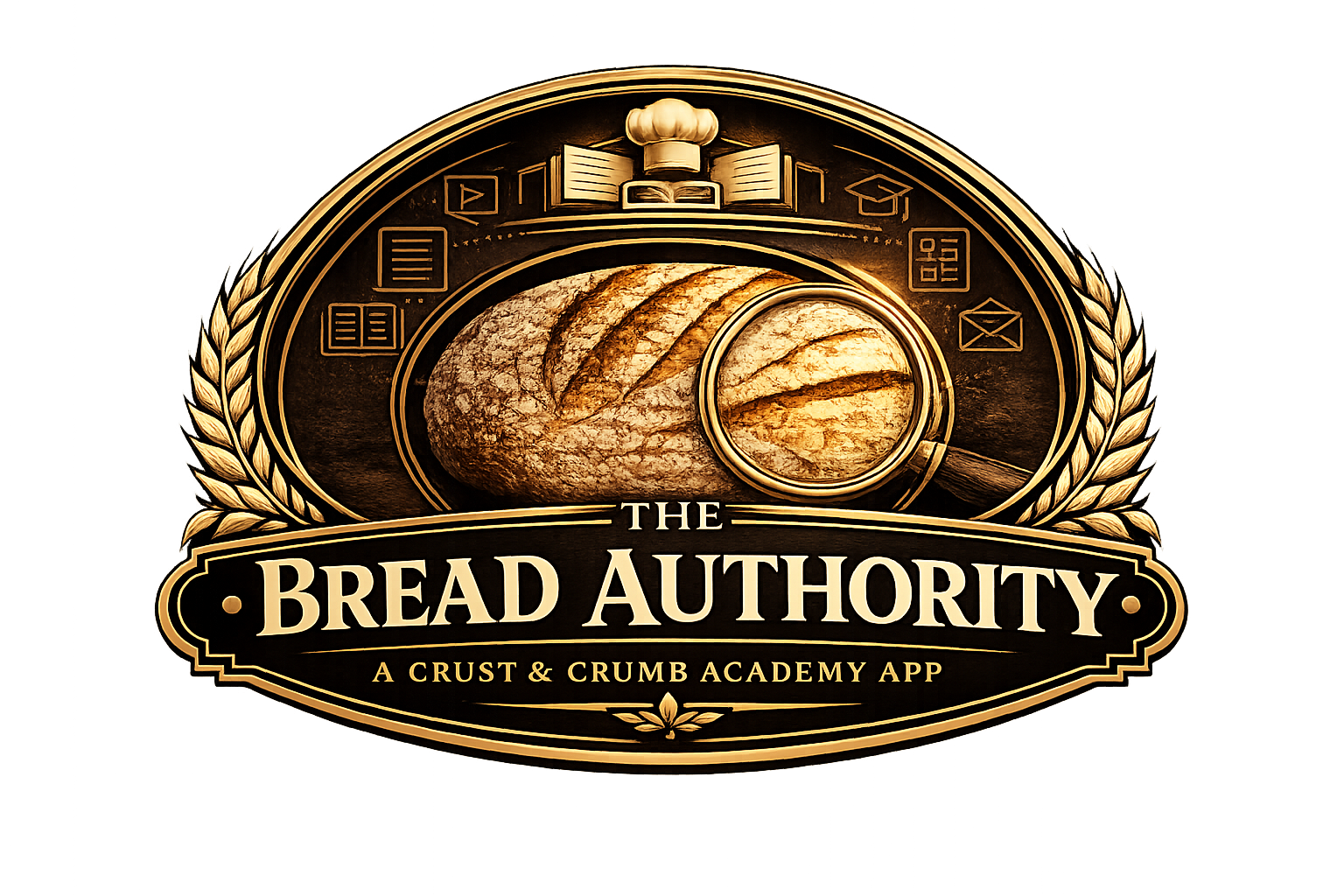 The Bread Authority logo — a Crust & Crumb Academy app by Henry Hunter Jr., featuring an artisan loaf, magnifying glass, baker's chef hat, open book, and wheat sheaves in gold and black