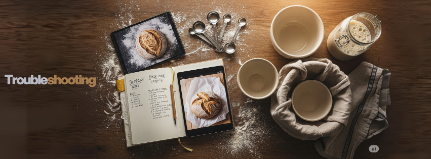 Troubleshooting - Bread baking tools and ingredients on wooden surface