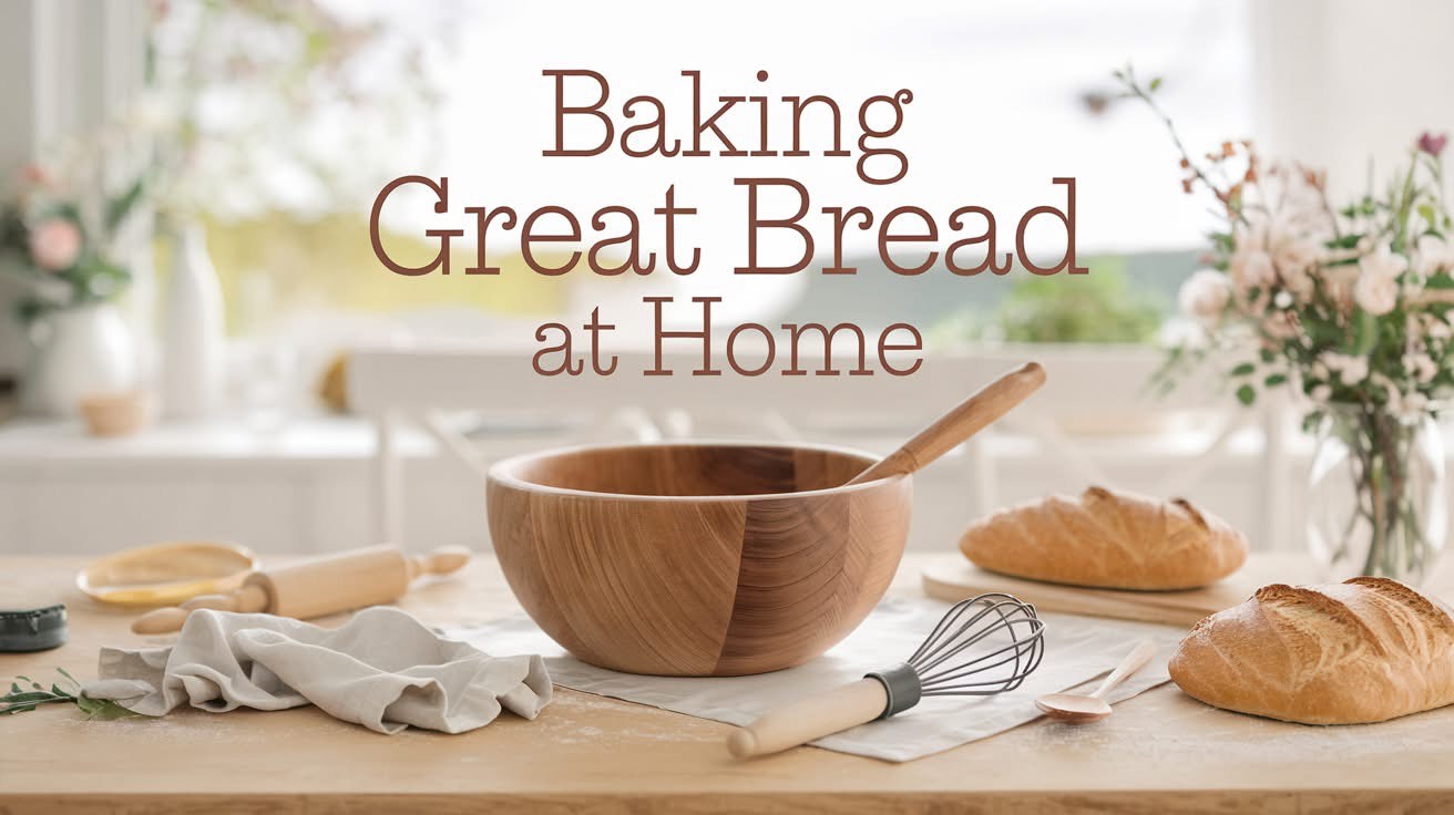 Baking Great Bread at Home - Kitchen scene with wooden bowl, whisk, and fresh bread