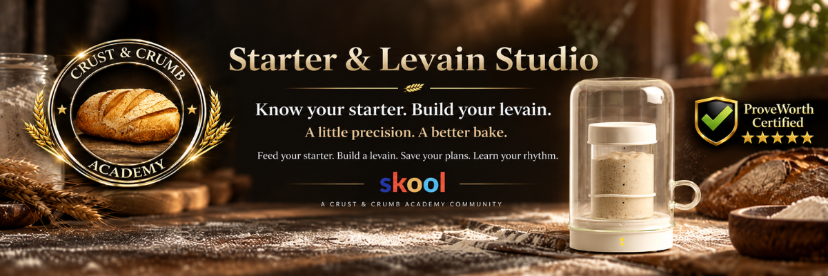 Crust & Crumb Academy — Starter & Levain Studio. Know your starter. Build your levain. A little precision. A better bake. Skool community; ProveWorth certified.